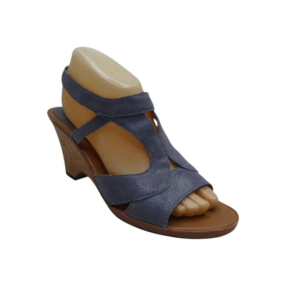 The FLEXX Wedge Sandal Women 8.5 Blue Textured Leather Cork T-Strap Slingback